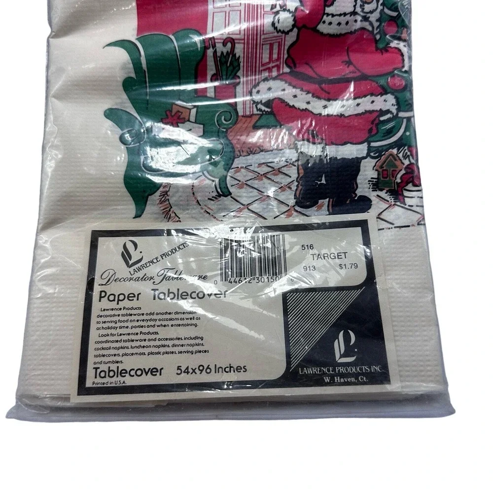 Lawrence Products Vintage Christmas Santa Paper Tablecover‎ 54x96 New Sealed USA